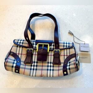 Burberry Ecordelia Buckle Haymarket check brown beige canvas satchel, NWT